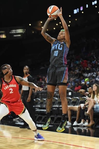 Courtney Williams of the Atlanta Dream shoots a 3-pointer during the game against the Las Vegas Aces on July 4, 2021 at Michelob ULTRA Arena in Las...
