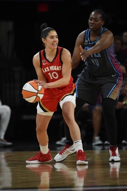 Kelsey Plum of the Las Vegas Aces looks to pass the ball against the Atlanta Dream on July 4, 2021 at Michelob ULTRA Arena in Las Vegas, Nevada. NOTE...