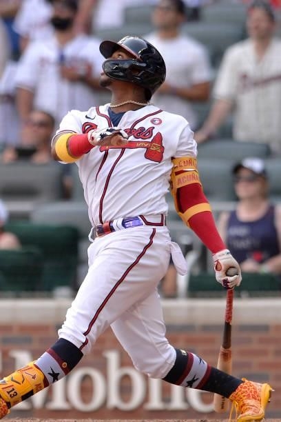 Ronald Acuña Jr. Hits a fly ball in the ninth inning to score Ender Inciarte and tie the game against the Miami Marlins at Truist Park on July 4,...