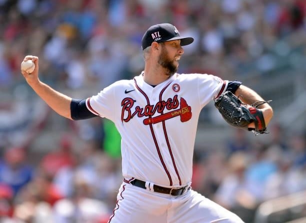 Chris Martin of the Atlanta Braves pitches in the eighth inning against the Miami Marlins at Truist Park on July 4, 2021 in Atlanta, Georgia.