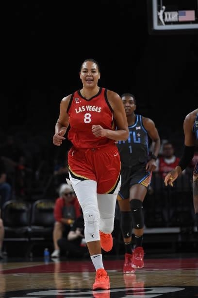 Liz Cambage of the Las Vegas Aces smiles during the game against the Atlanta Dream on July 4, 2021 at Michelob ULTRA Arena in Las Vegas, Nevada. NOTE...