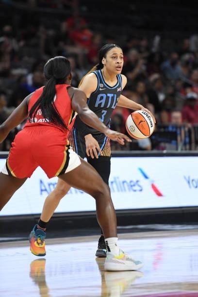 Chennedy Carter of the Atlanta Dream handles the ball against the Las Vegas Aces on July 4, 2021 at Michelob ULTRA Arena in Las Vegas, Nevada. NOTE...