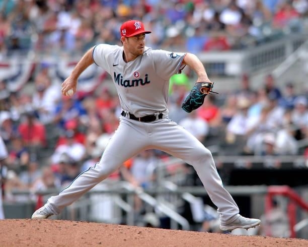 Anthony Bender of the Miami Marlins pitches in the eighth inning against the Atlanta Braves at Truist Park on July 4, 2021 in Atlanta, Georgia.