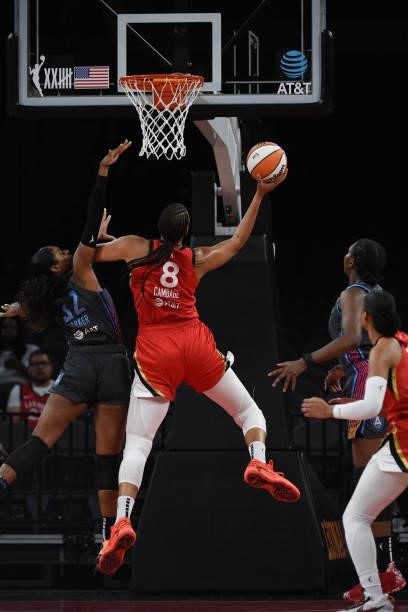 Liz Cambage of the Las Vegas Aces shoots the ball against the Atlanta Dream on July 4, 2021 at Michelob ULTRA Arena in Las Vegas, Nevada. NOTE TO...