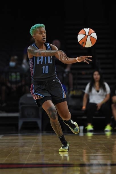 Courtney Williams of the Atlanta Dream looks to passes the ball against the Las Vegas Aces on July 4, 2021 at Michelob ULTRA Arena in Las Vegas,...