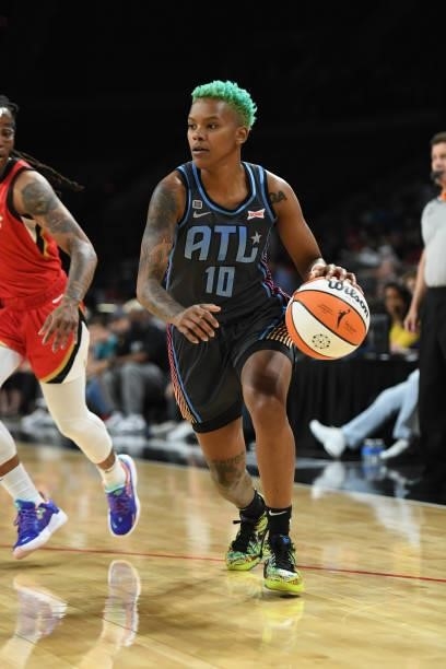 Courtney Williams of the Atlanta Dream drives to the basket against the Las Vegas Aces on July 4, 2021 at Michelob ULTRA Arena in Las Vegas, Nevada....