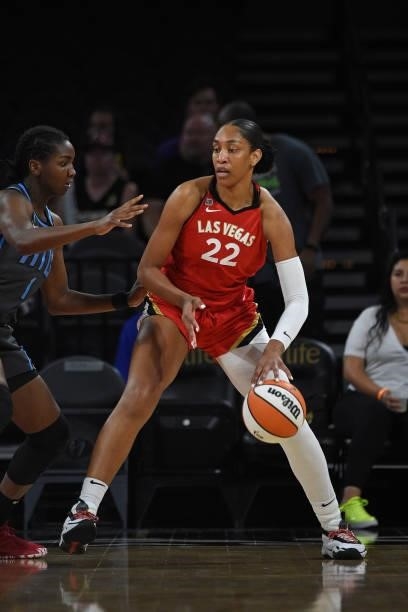 Ja Wilson of the Las Vegas Aces handles the ball against the Atlanta Dream on July 4, 2021 at Michelob ULTRA Arena in Las Vegas, Nevada. NOTE TO...
