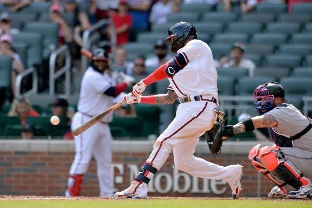 Orlando Arcia of the Atlanta Braves bats in the ninth inning against the Miami Marlins at Truist Park on July 4, 2021 in Atlanta, Georgia.