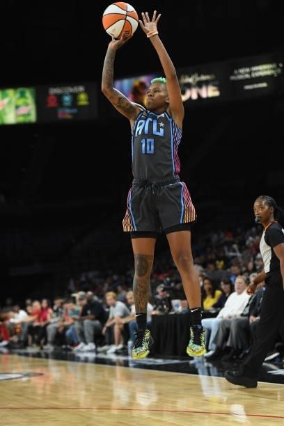 Courtney Williams of the Atlanta Dream shoots a 3-pointer during the game against the Las Vegas Aces on July 4, 2021 at Michelob ULTRA Arena in Las...