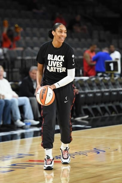 Ja Wilson of the Las Vegas Aces smiles before the game against the Atlanta Dream on July 4, 2021 at Michelob ULTRA Arena in Las Vegas, Nevada. NOTE...