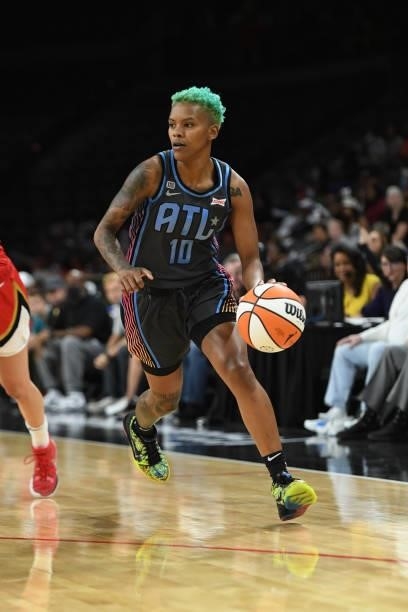 Courtney Williams of the Atlanta Dream drives to the basket against the Las Vegas Aces on July 4, 2021 at Michelob ULTRA Arena in Las Vegas, Nevada....