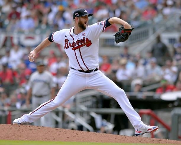 Chris Martin of the Atlanta Braves pitches in the eighth inning against the Miami Marlins at Truist Park on July 4, 2021 in Atlanta, Georgia.