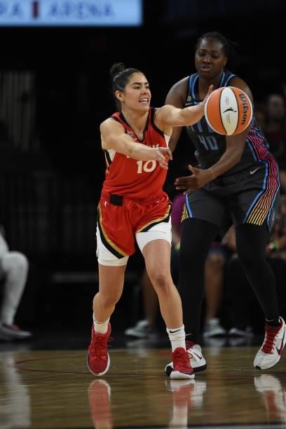 Kelsey Plum of the Las Vegas Aces looks to passes the ball against the Atlanta Dream on July 4, 2021 at Michelob ULTRA Arena in Las Vegas, Nevada....