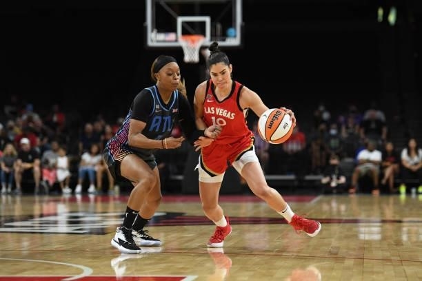 Kelsey Plum of the Las Vegas Aces handles the ball against the Atlanta Dream on July 4, 2021 at Michelob ULTRA Arena in Las Vegas, Nevada. NOTE TO...