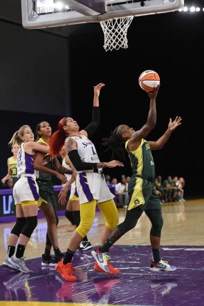 Epiphanny Prince of the Seattle Storm shoots the ball against the Los Angeles Sparks on July 4, 2021 at Los Angeles Convention Center in Los Angeles,...