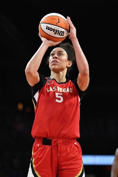 Dearica Hamby of the Las Vegas Aces shoots the ball against the Atlanta Dream on July 4, 2021 at Michelob ULTRA Arena in Las Vegas, Nevada. NOTE TO...