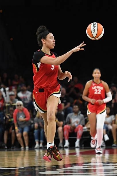 Dearica Hamby of the Las Vegas Aces passes the ball against the Atlanta Dream on July 4, 2021 at Michelob ULTRA Arena in Las Vegas, Nevada. NOTE TO...