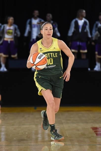 Sue Bird of the Seattle Storm handles the ball against the Los Angeles Sparks on July 4, 2021 at Los Angeles Convention Center in Los Angeles,...