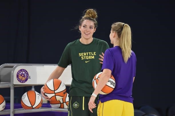 Katie Lou Samuelson of the Seattle Storm smiles before the game against the Los Angeles Sparks on July 4, 2021 at Los Angeles Convention Center in...