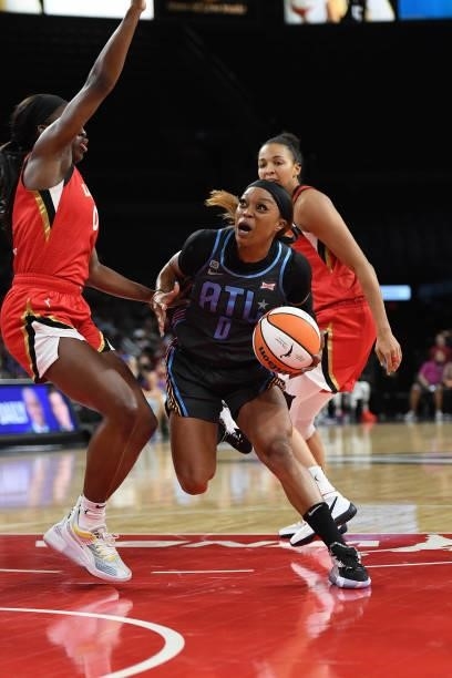 Odyssey Sims of the Atlanta Dream drives to the basket against the Las Vegas Aces on July 4, 2021 at Michelob ULTRA Arena in Las Vegas, Nevada. NOTE...
