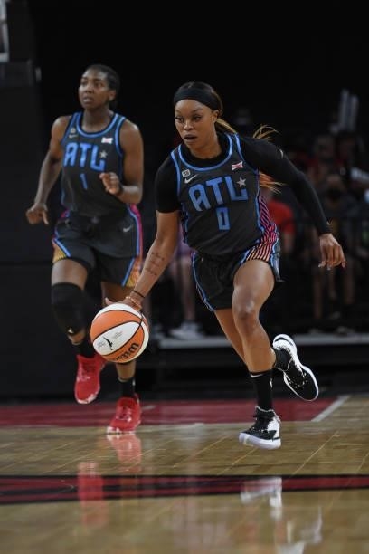 Odyssey Sims of the Atlanta Dream handles the ball against the Las Vegas Aces on July 4, 2021 at Michelob ULTRA Arena in Las Vegas, Nevada. NOTE TO...