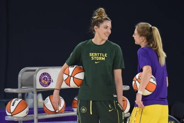 Katie Lou Samuelson of the Seattle Storm smiles before the game against the Los Angeles Sparks on July 4, 2021 at Los Angeles Convention Center in...