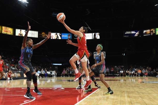 Kelsey Plum of the Las Vegas Aces shoots the ball against the Atlanta Dream on July 4, 2021 at Michelob ULTRA Arena in Las Vegas, Nevada. NOTE TO...
