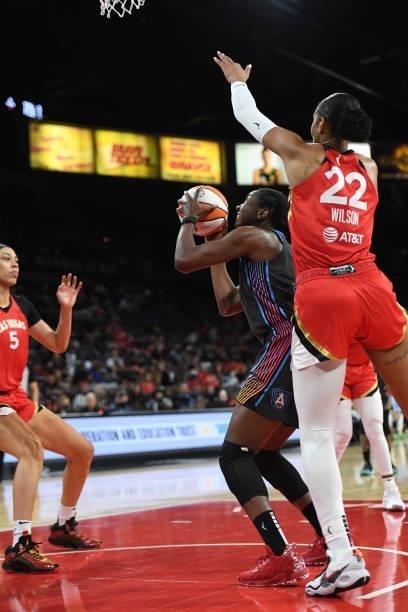 Elizabeth Williams of the Atlanta Dream shoots the ball against the Las Vegas Aces on July 4, 2021 at Michelob ULTRA Arena in Las Vegas, Nevada. NOTE...