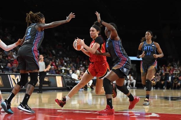 Dearica Hamby of the Las Vegas Aces drives to the basket against the Atlanta Dream on July 4, 2021 at Michelob ULTRA Arena in Las Vegas, Nevada. NOTE...