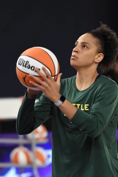 Candice Dupree of the Seattle Storm warms up before the game against the Los Angeles Sparks on July 4, 2021 at Los Angeles Convention Center in Los...