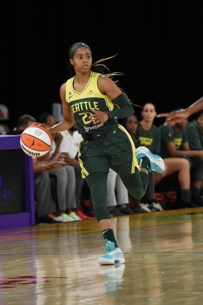 Jordin Canada of the Seattle Storm handles the ball against the Los Angeles Sparks on July 4, 2021 at Los Angeles Convention Center in Los Angeles,...