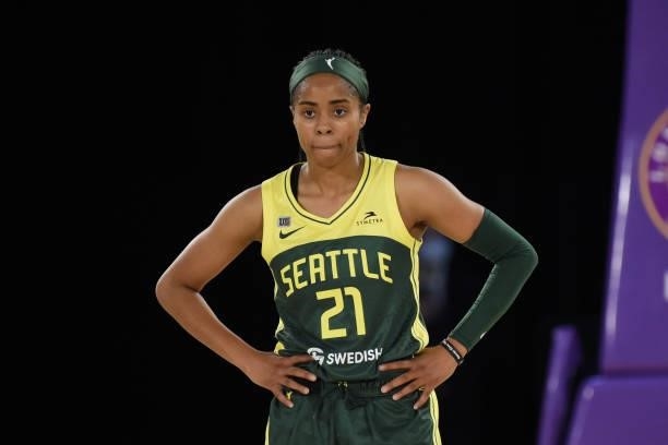 Jordin Canada of the Seattle Storm looks on during the game against the Los Angeles Sparks on July 4, 2021 at Los Angeles Convention Center in Los...