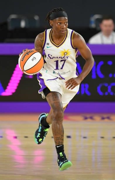Erica Wheeler of the Los Angeles Sparks brings the ball up the floor against the Seattle Storm at the Los Angeles Convention Center on July 4, 2021...