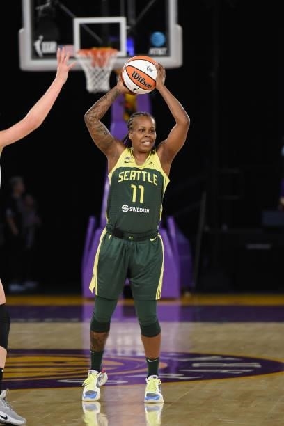 Epiphanny Prince of the Seattle Storm looks to pass the ball against the Los Angeles Sparks on July 4, 2021 at Los Angeles Convention Center in Los...