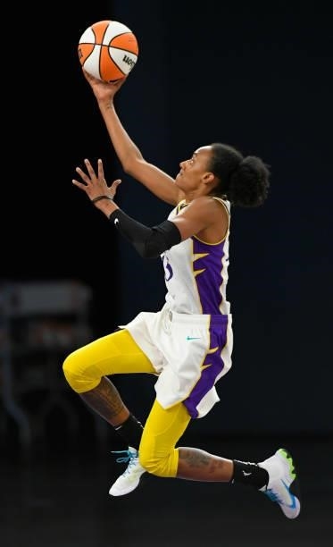 Brittney Sykes of the Los Angeles Sparks breaks away from the Seattle Storm for a layup at the Los Angeles Convention Center on July 4, 2021 in Los...