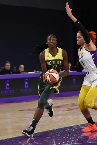 Ezi Magbegor of the Seattle Storm drives to the basket against the Los Angeles Sparks on July 4, 2021 at Los Angeles Convention Center in Los...