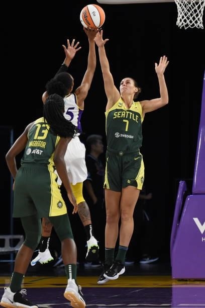 Stephanie Talbot of the Seattle Storm plays defense against the Los Angeles Sparks on July 4, 2021 at Los Angeles Convention Center in Los Angeles,...