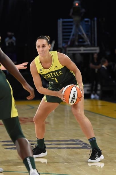 Stephanie Talbot of the Seattle Storm handles the ball against the Los Angeles Sparks on July 4, 2021 at Los Angeles Convention Center in Los...