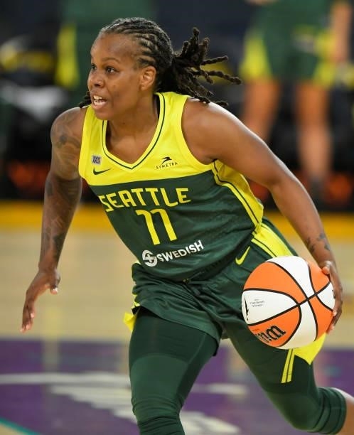 Epiphanny Prince of the Seattle Storm plays against the Los Angeles Sparks at the Los Angeles Convention Center on July 4, 2021 in Los Angeles,...