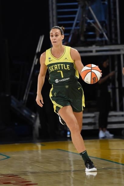 Stephanie Talbot of the Seattle Storm handles the ball against the Los Angeles Sparks on July 4, 2021 at Los Angeles Convention Center in Los...