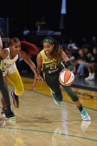 Jordin Canada of the Seattle Storm drives to the basket against the Los Angeles Sparks on July 4, 2021 at Los Angeles Convention Center in Los...