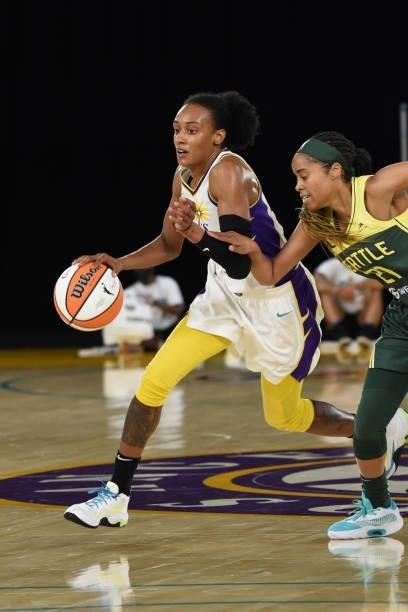 Brittney Sykes of the Los Angeles Sparks drives to the basket against the Seattle Storm on July 4, 2021 at Los Angeles Convention Center in Los...
