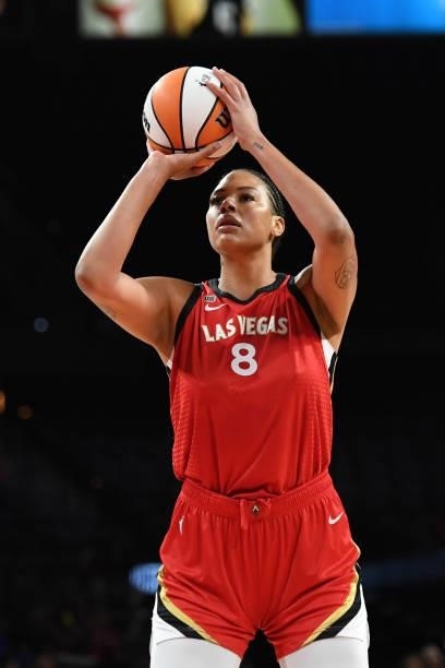 Liz Cambage of the Las Vegas Aces shoots the ball against the Atlanta Dream on July 4, 2021 at Michelob ULTRA Arena in Las Vegas, Nevada. NOTE TO...