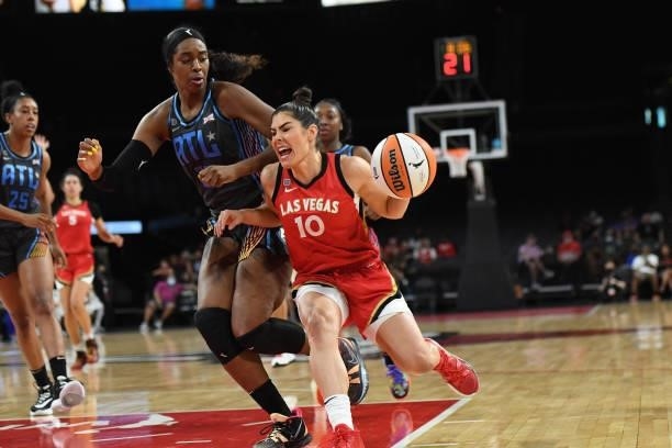 Kelsey Plum of the Las Vegas Aces drives to the basket against the Atlanta Dream on July 4, 2021 at Michelob ULTRA Arena in Las Vegas, Nevada. NOTE...