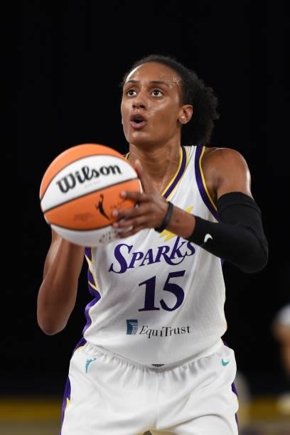 Brittney Sykes of the Los Angeles Sparks shoots the ball against the Seattle Storm on July 4, 2021 at Los Angeles Convention Center in Los Angeles,...