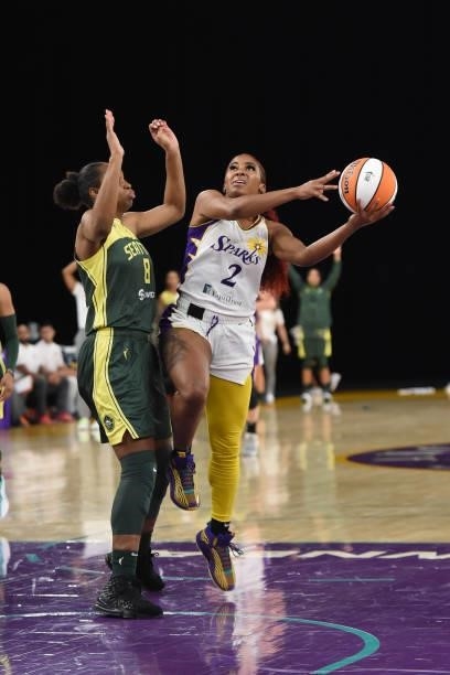 Te'a Cooper of the Los Angeles Sparks drives to the basket against the Seattle Storm on July 4, 2021 at Los Angeles Convention Center in Los Angeles,...