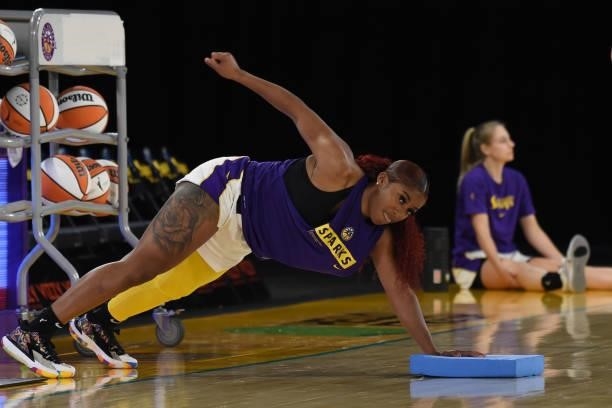 Te'a Cooper of the Los Angeles Sparks stretches before the game against the Seattle Storm on July 4, 2021 at Los Angeles Convention Center in Los...