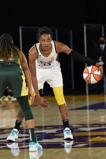 Brittney Sykes of the Los Angeles Sparks handles the ball against the Seattle Storm on July 4, 2021 at Los Angeles Convention Center in Los Angeles,...