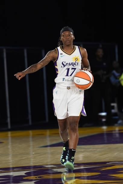 Erica Wheeler of the Los Angeles Sparks handles the ball against the Seattle Storm on July 4, 2021 at Los Angeles Convention Center in Los Angeles,...