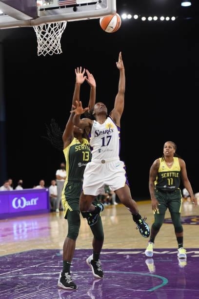 Erica Wheeler of the Los Angeles Sparks shoots the ball against the Seattle Storm on July 4, 2021 at Los Angeles Convention Center in Los Angeles,...